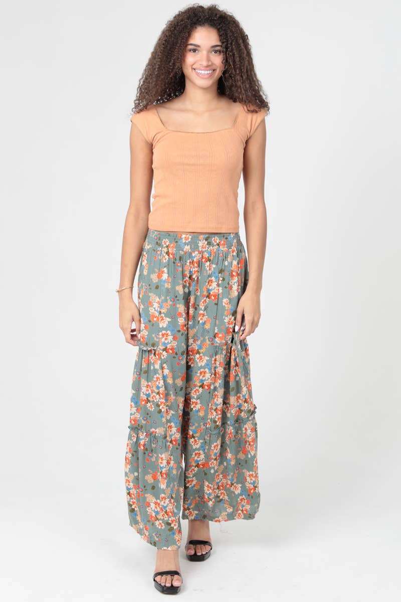 FLORAL PRINT WIDE LEG TIER PANTS