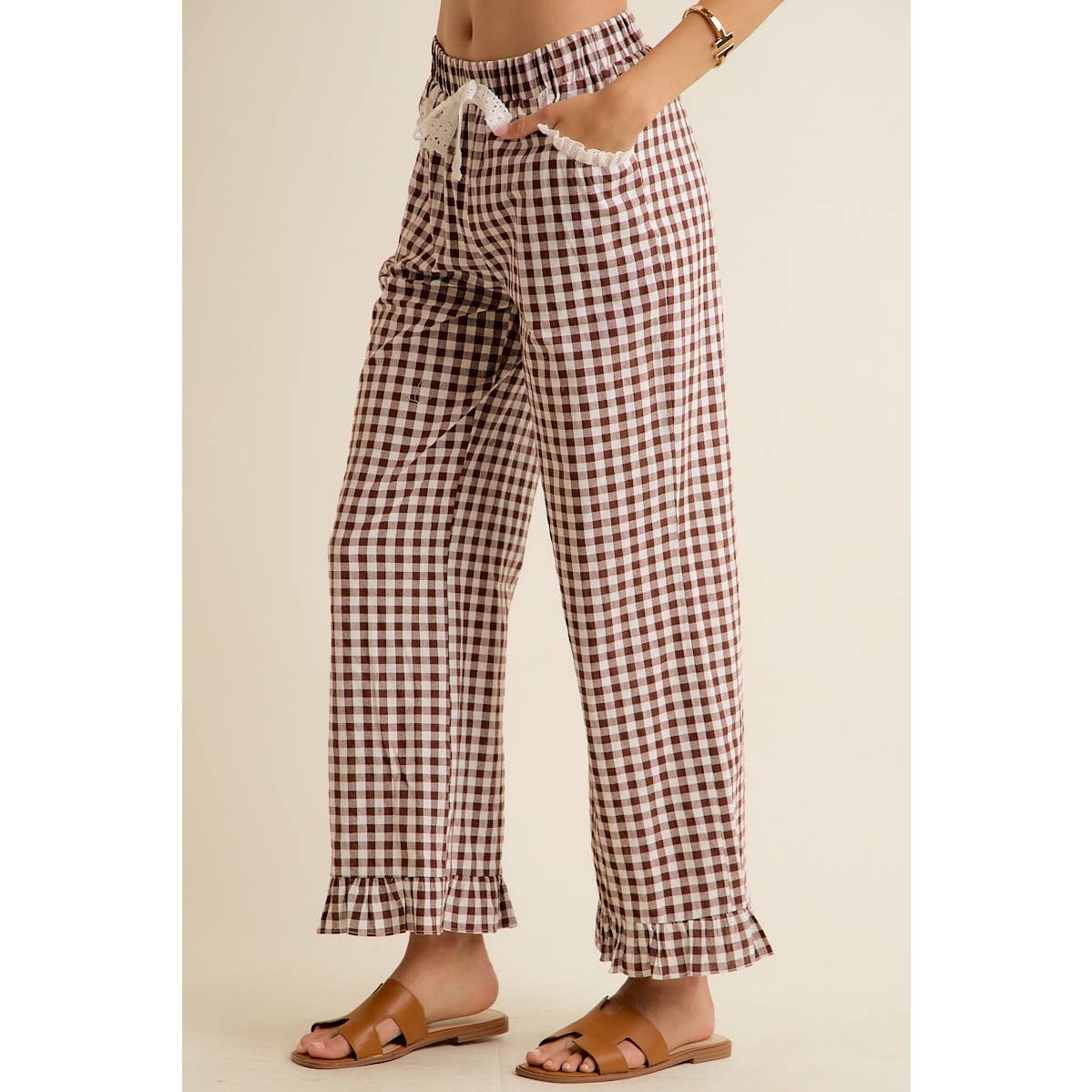 GINGHAM LACE RUFFLED PULL ON PANTS