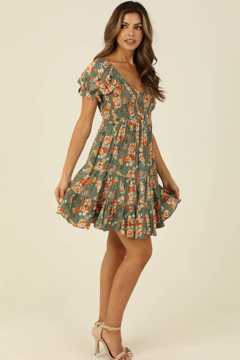 V NECK SMOCKED BODICE SHORT SLEEVE DRESS