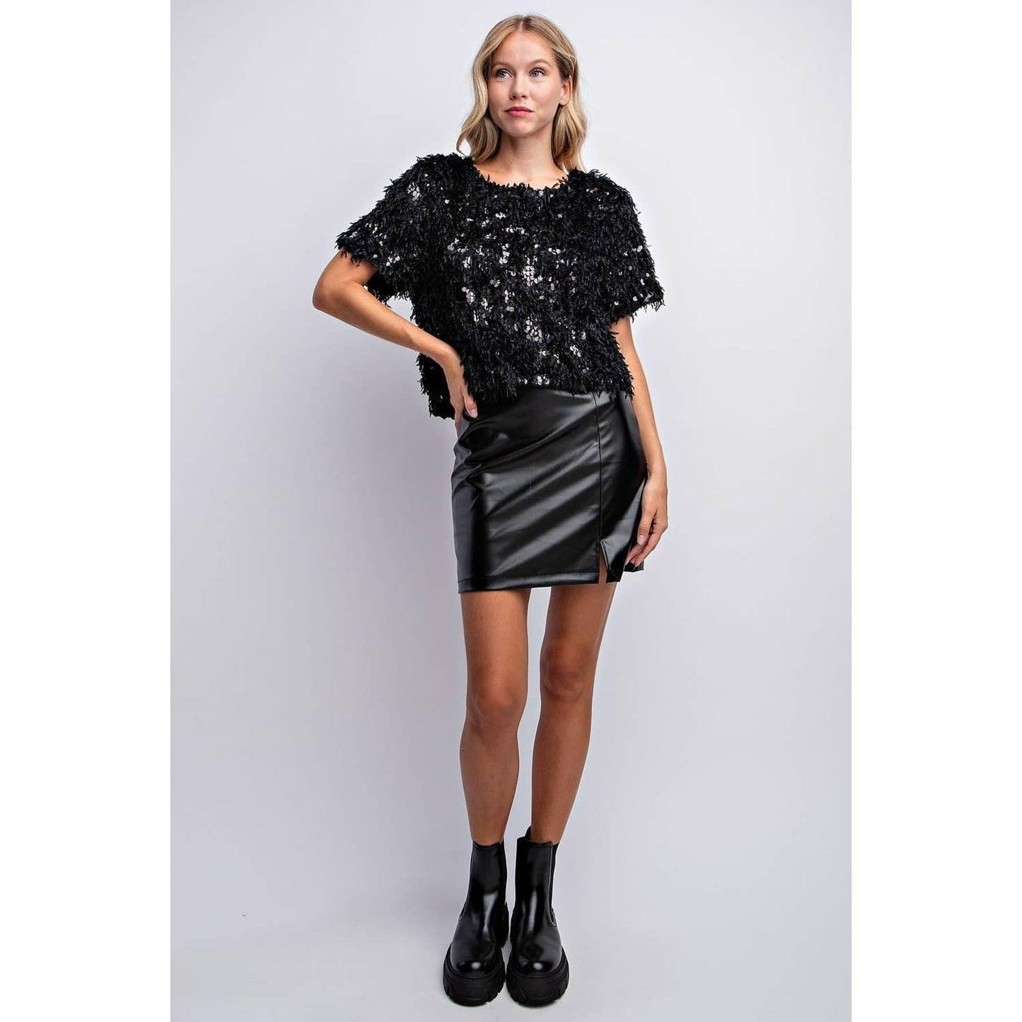 SEQUIN FEATHER BLOUSE TOP-BLACK