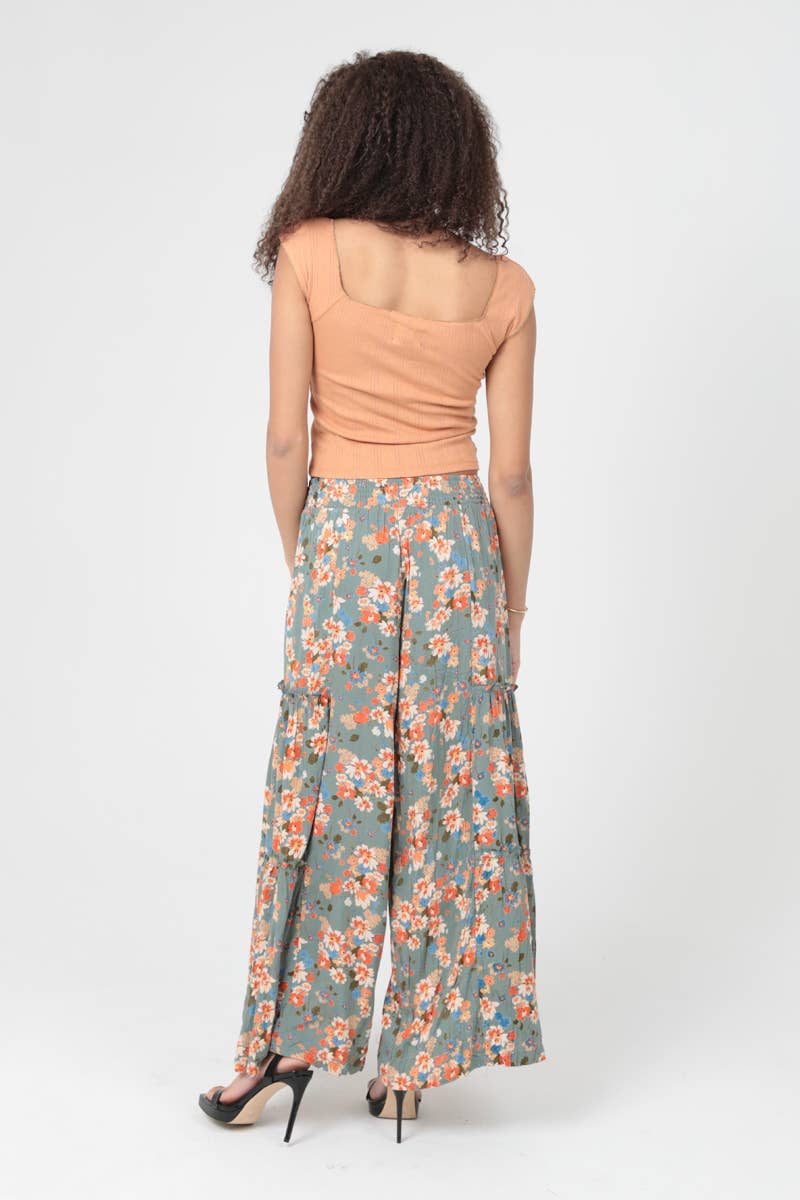 FLORAL PRINT WIDE LEG TIER PANTS