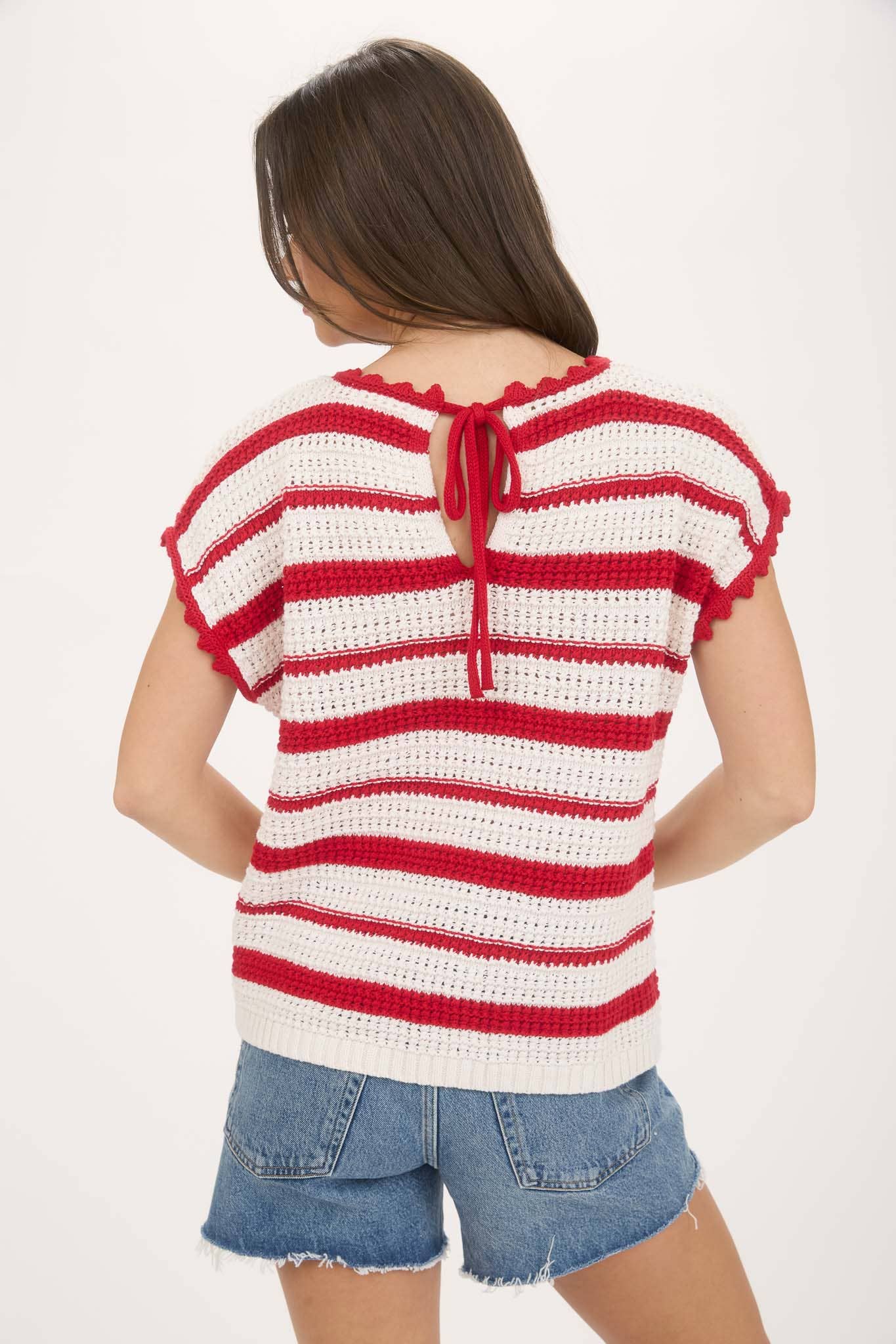 Red white stripe scallop short sleeve crochet top