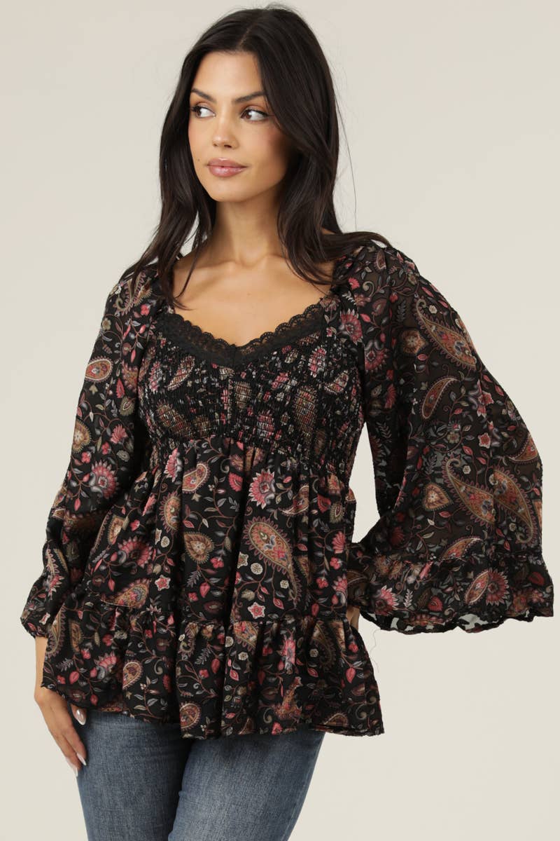 BURNOUT SATIN BELL SLEEVE LACE TRIM BLOUSE