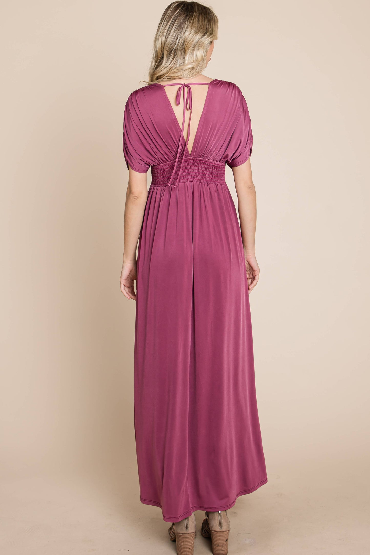 Solid Maxi Dress with Ruched Sleeves