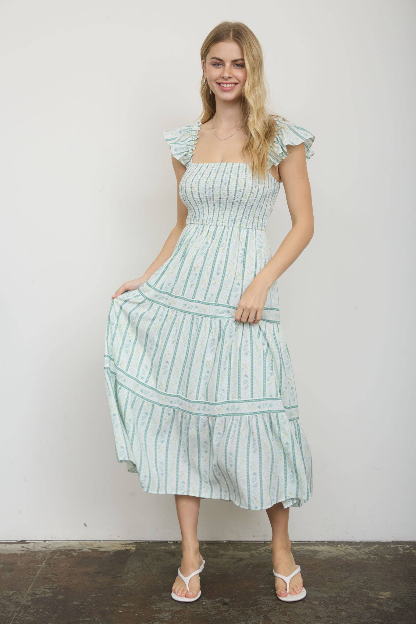 STRIPE FLORAL PATTERN SMOCKED TIERED MIDI DRESS