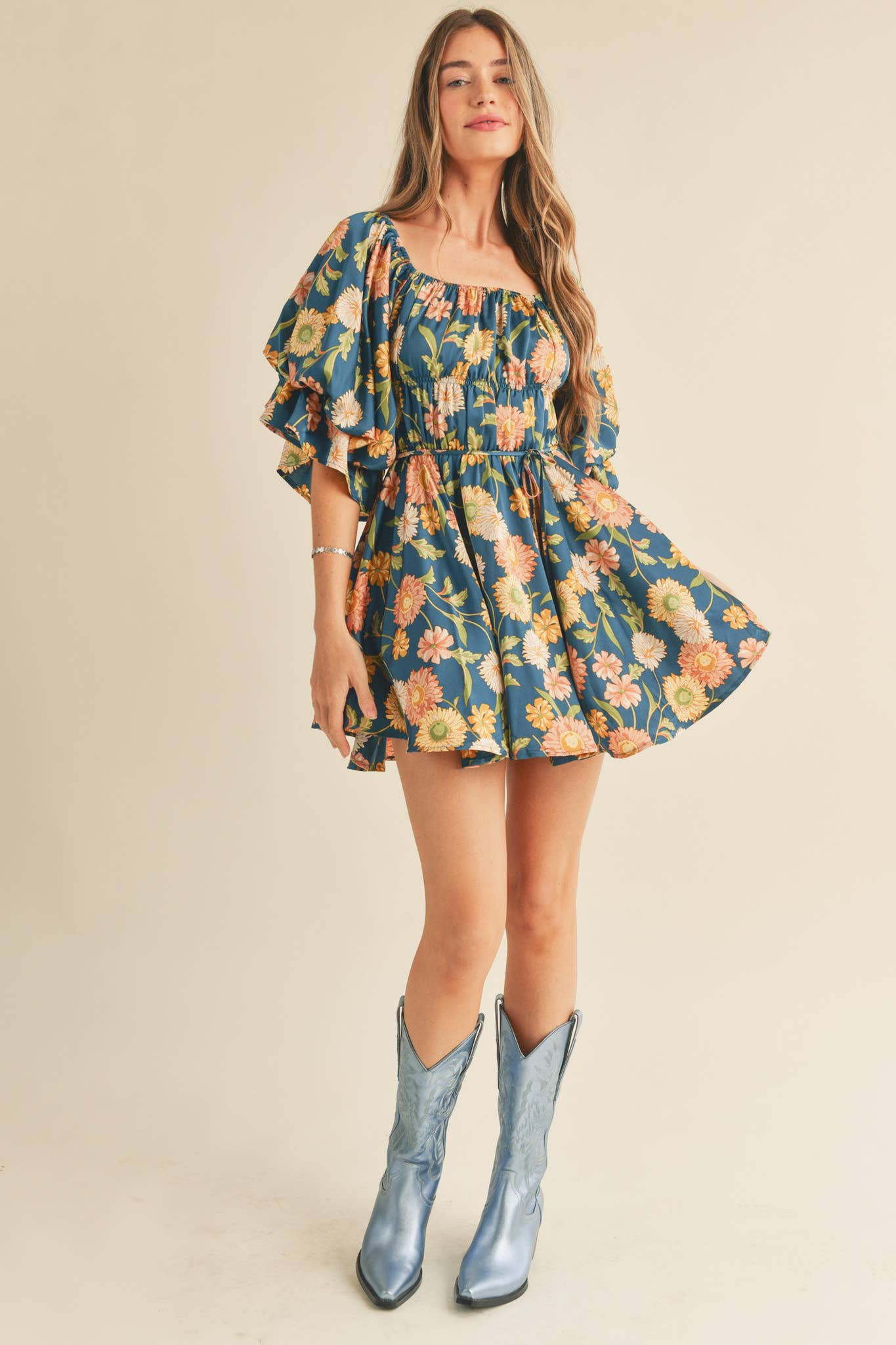 FLORAL PRINT BUBBLE SLEEVE MINI DRESS