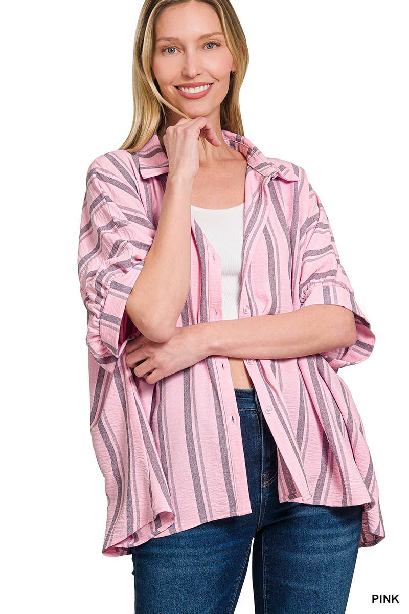 Woven Stripe Oversized Button Down Shirts- Multiple color options