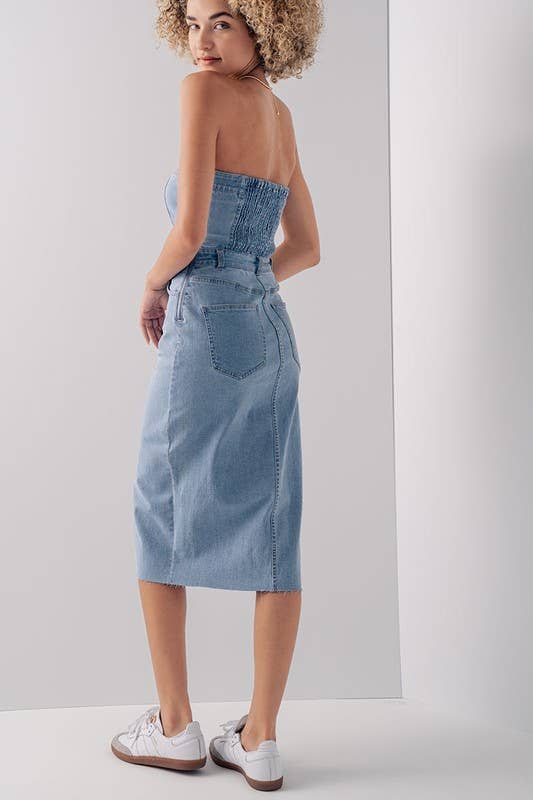 STRAPLESS DENIM MIDI DRESS