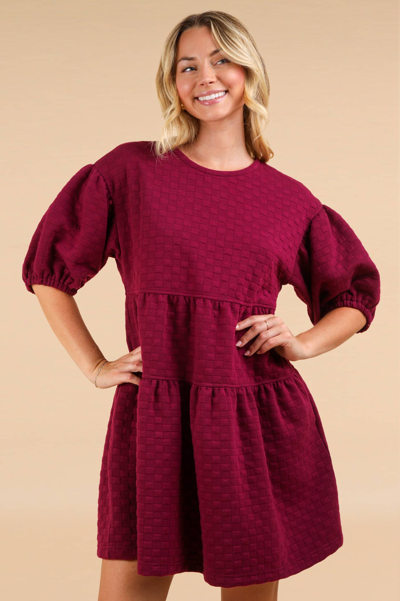 Quilted Knit A-Line Puff Sleeve Babydoll Mini Dress