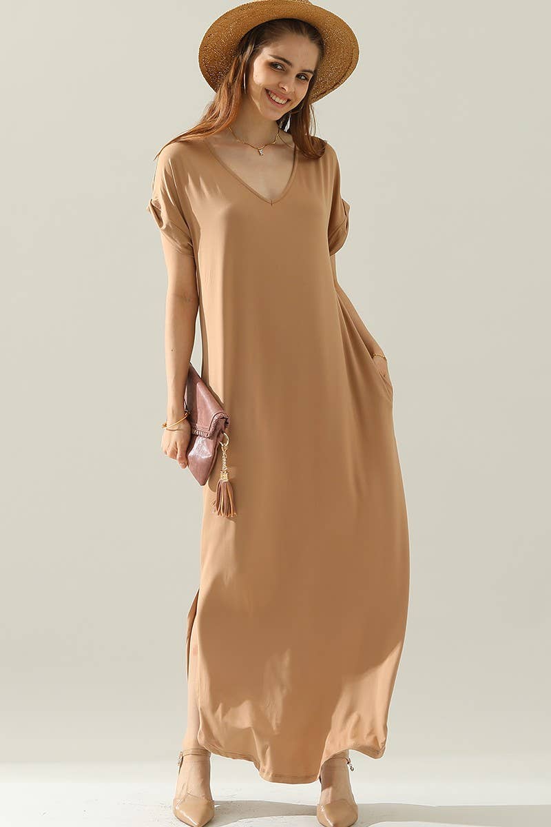 SHORT SLEEVE V-NECK MAXI DRESS WITH SIDE SLIT