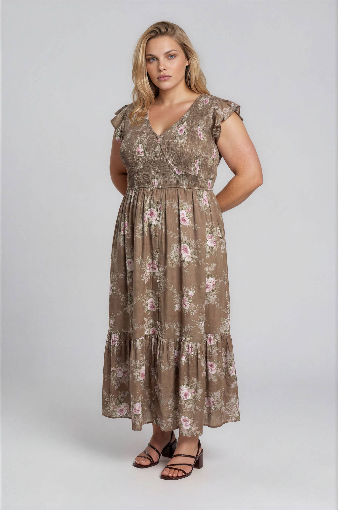 PLUS ROSE SMOCKED V NECK BUTTON DOWN MIDI DRESS