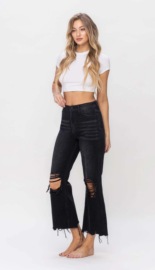 90S Black Vintage High Rise Crop Flare Jean