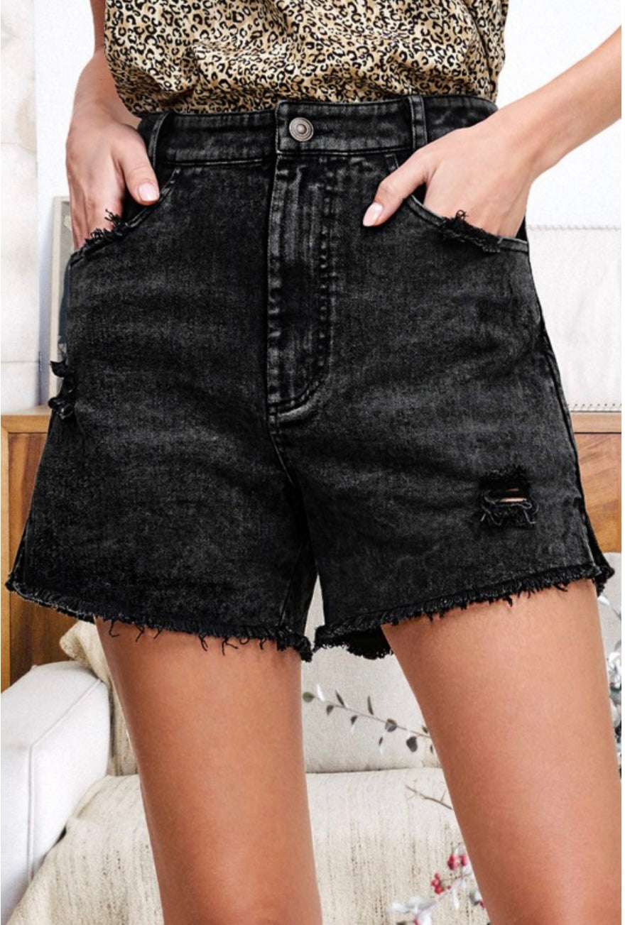 Casual Black washed-style denim shorts-Charcoal Black