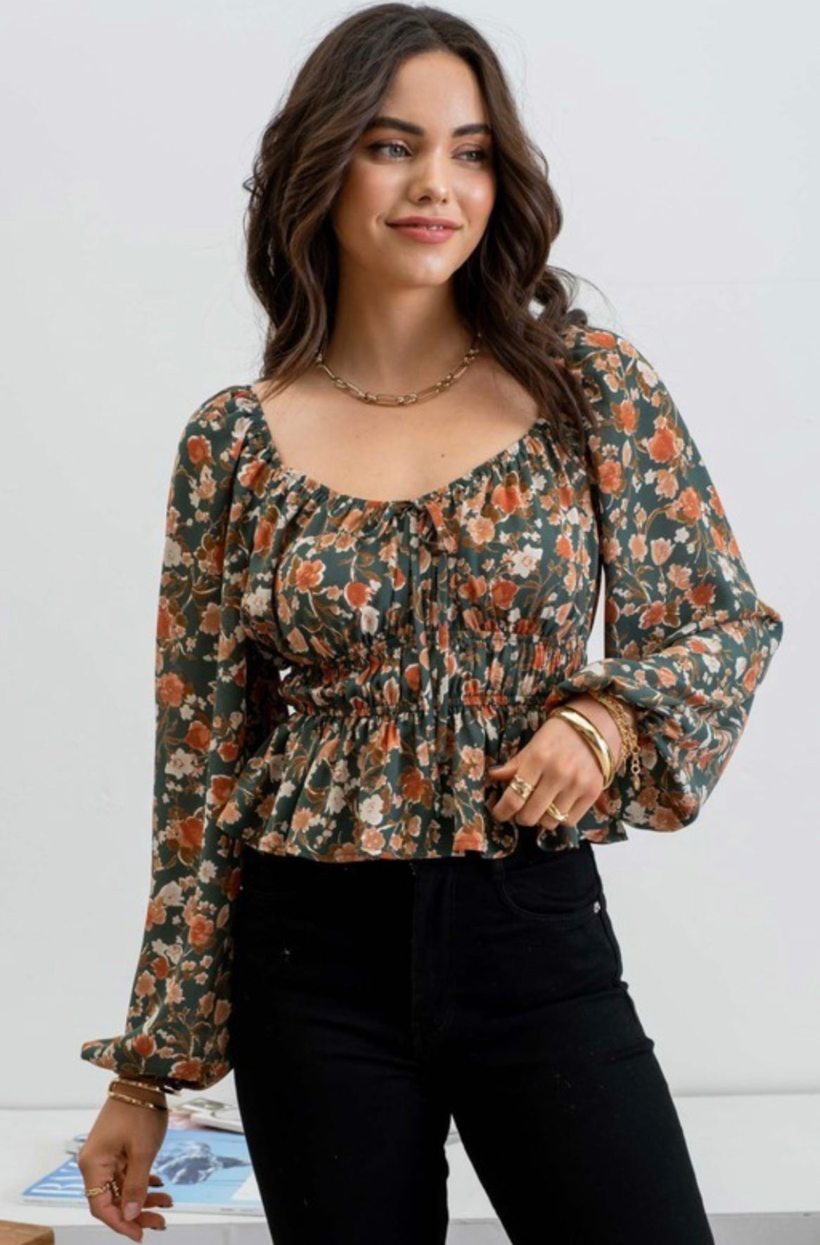 FLORAL SMOCK WAIST LONG SLEEVE TOP