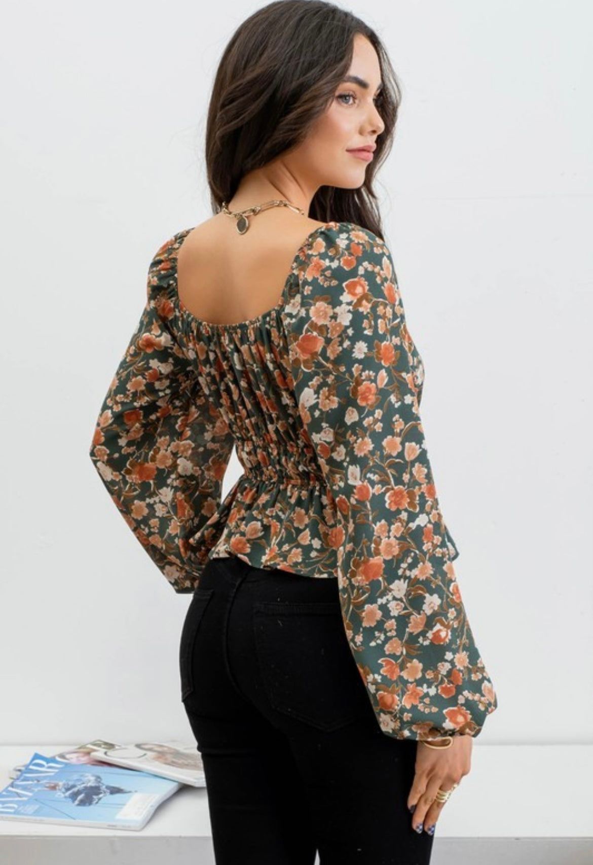 FLORAL SMOCK WAIST LONG SLEEVE TOP