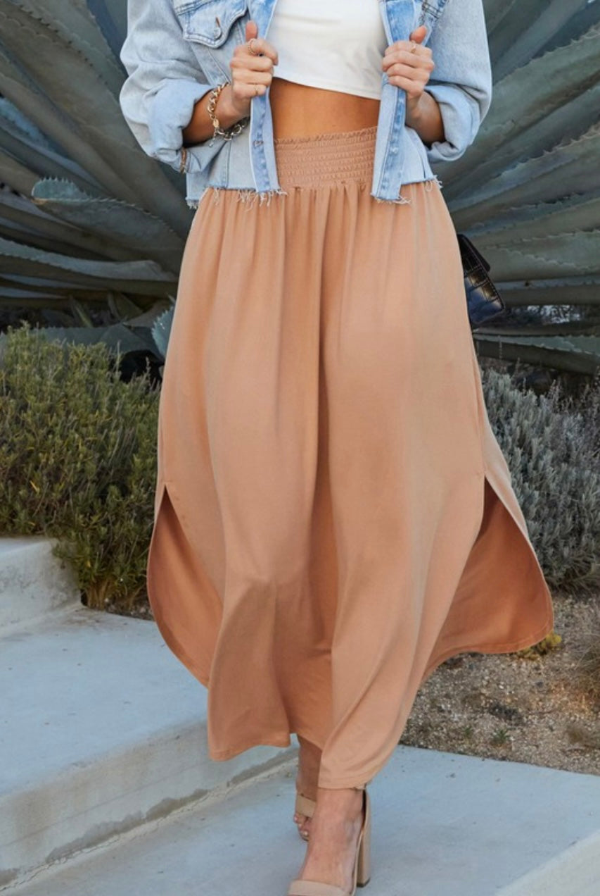 SMOCKING WAIST MAXI SKIRT WITH SIDE POCKET