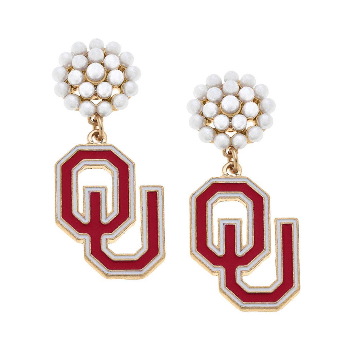 Oklahoma Sooners Pearl Cluster Enamel Drop Earrings in Crims