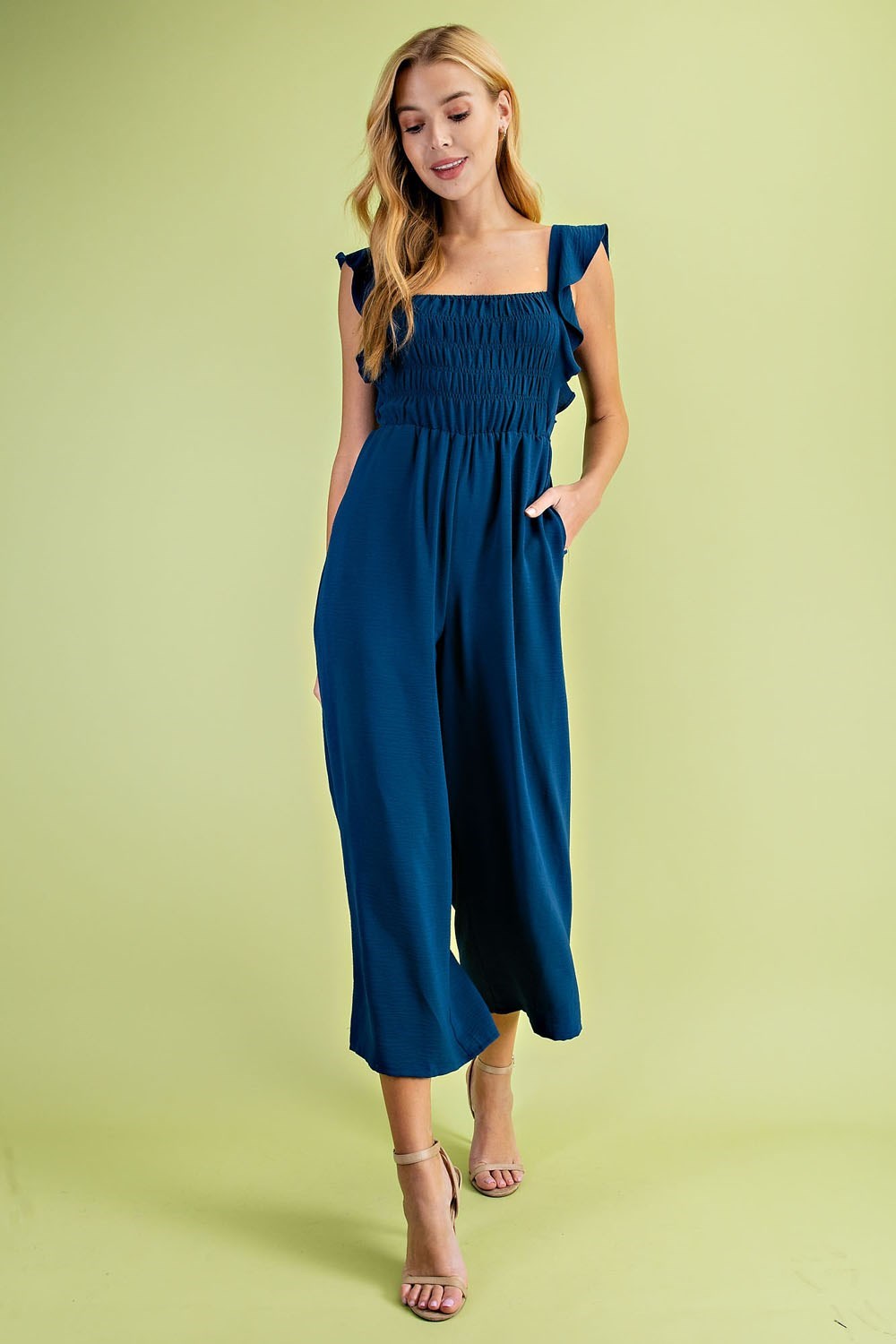 SOLID SMOCKED WIDE LEG CROP JUMPSUIT