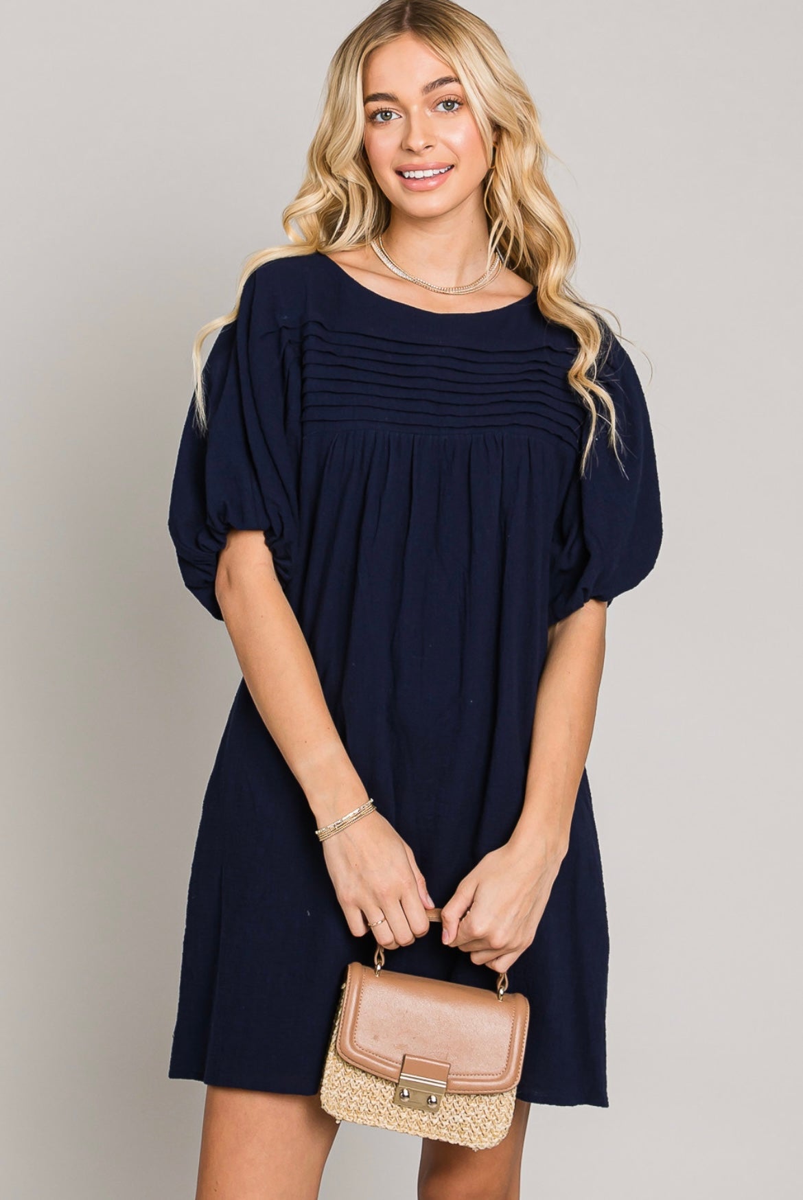 Puff Sleeves Pleated Dress Navy