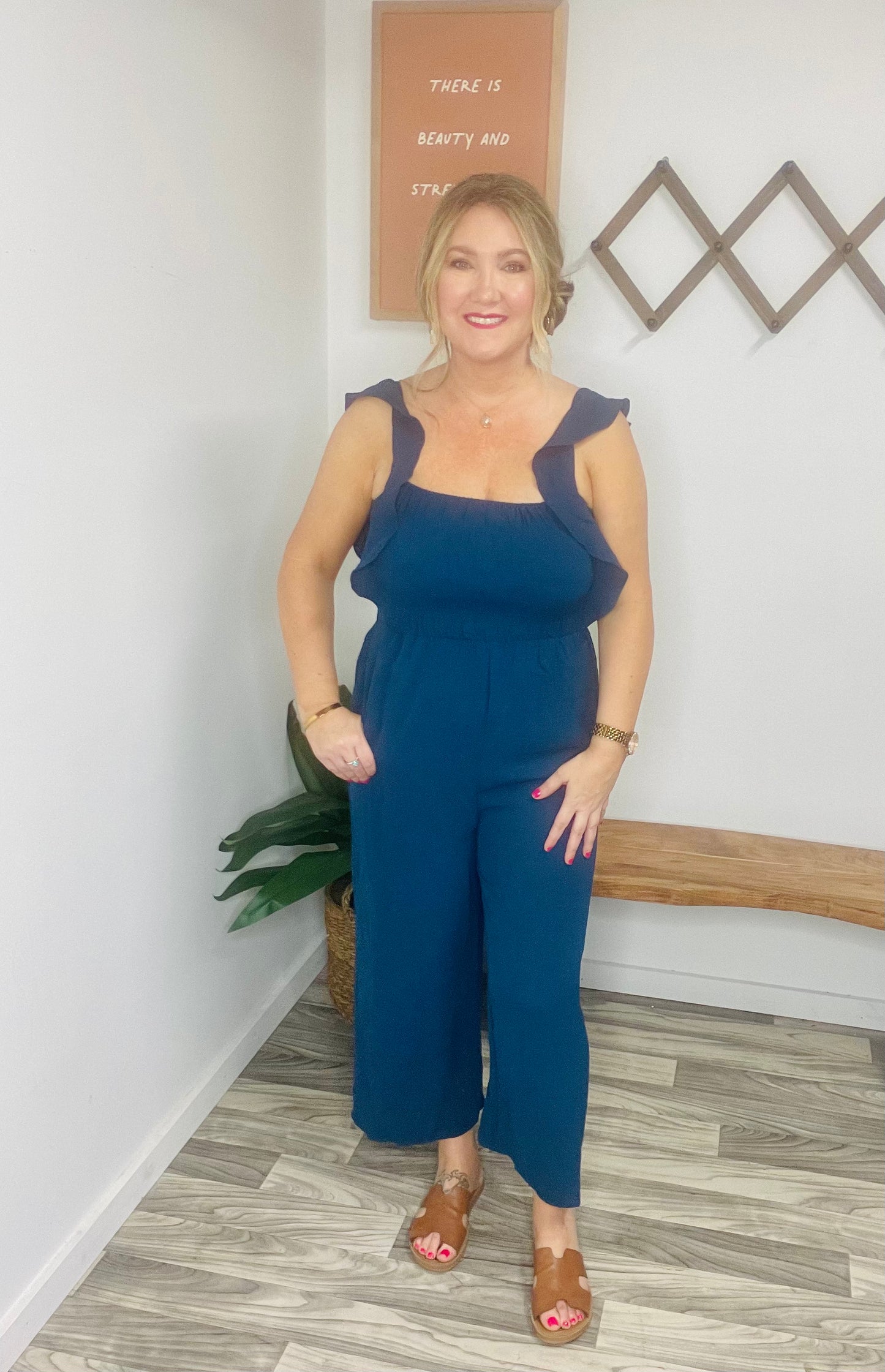 SOLID SMOCKED WIDE LEG CROP JUMPSUIT