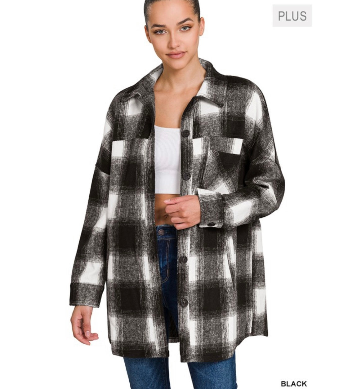 PLUS OVERSIZED YARN DYED PLAID LONGLINE SHACKET