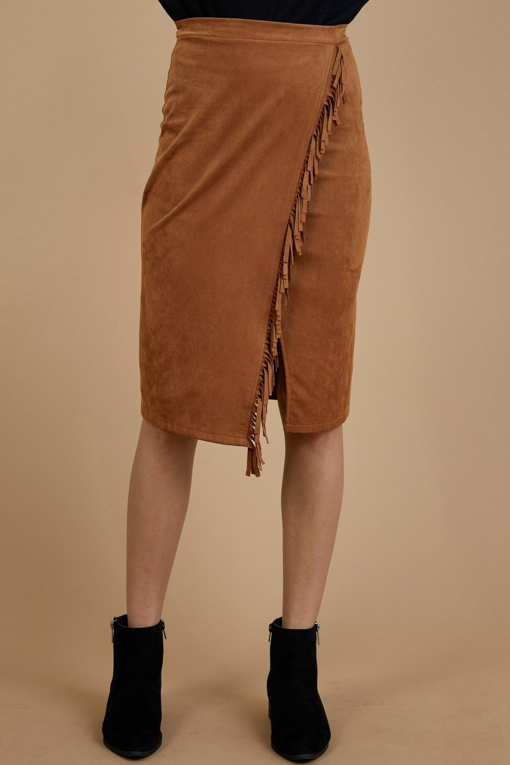 Fringe Suede Midi Pencil Skirt