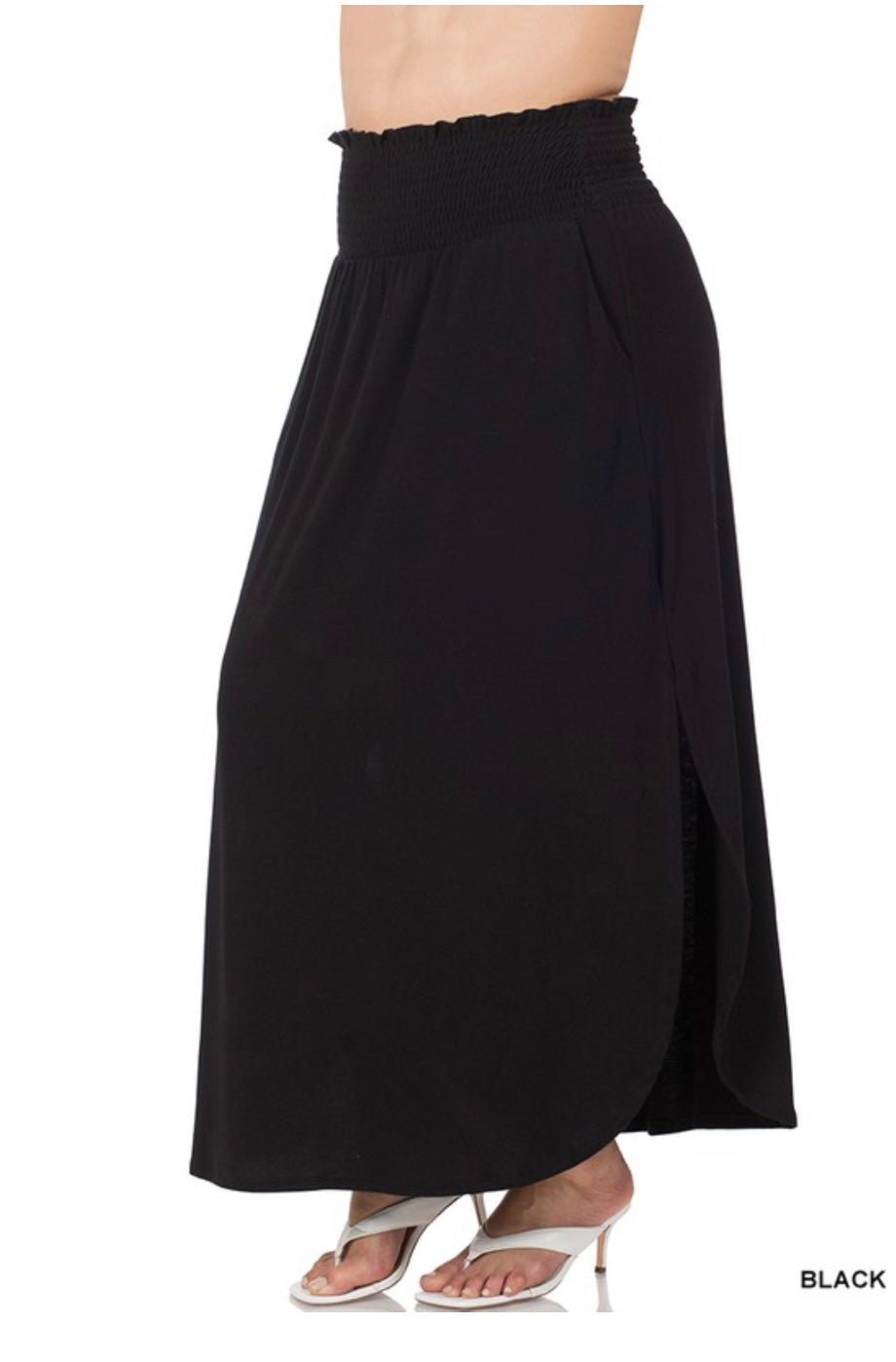 PLUS SMOCKED WAIST SIDE SLIT MAXI SKIRT WITH POCKETS