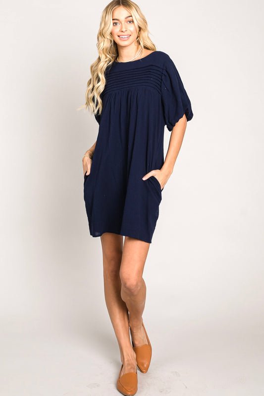 Puff Sleeves Pleated Dress Navy