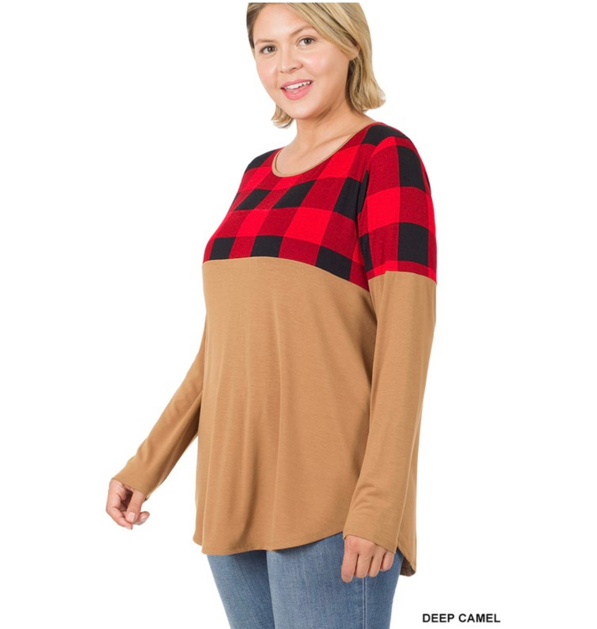 Plaid Plus Color Block Long Sleeve Top