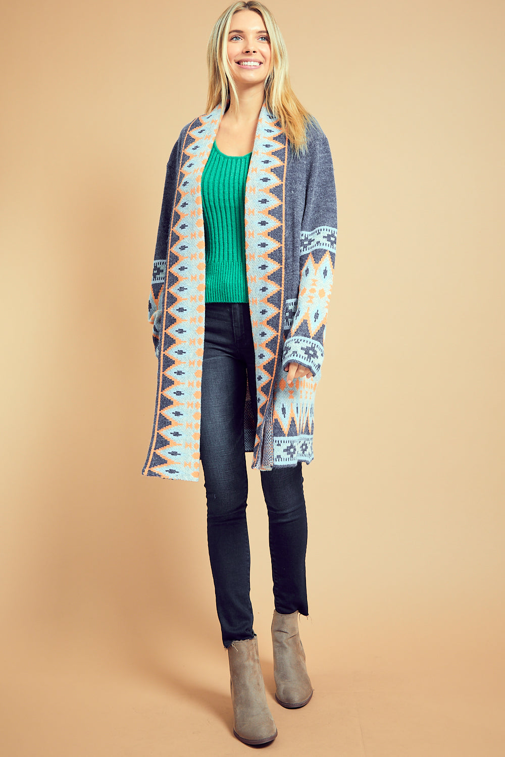 AZTEC PRINTED JACQUARD LONG CARDIGAN