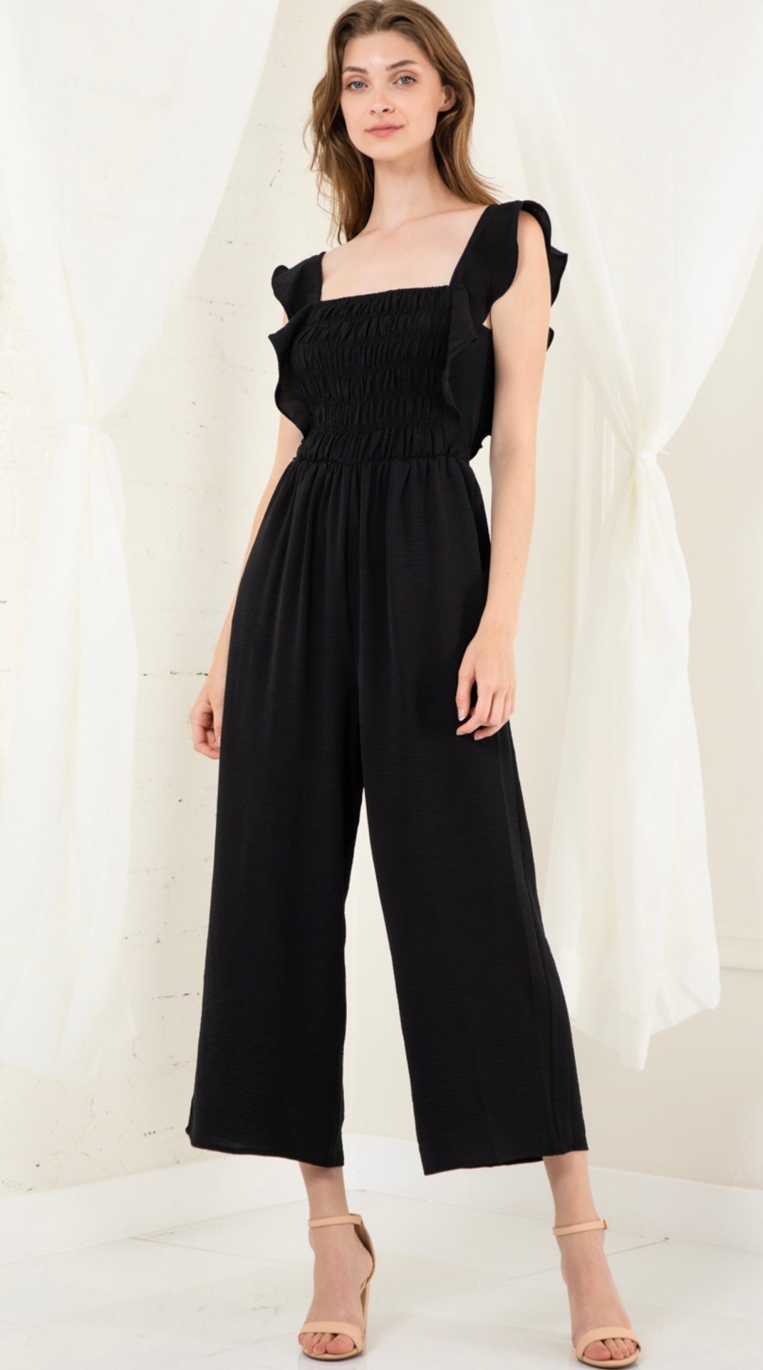 SOLID SMOCKED WIDE LEG CROP JUMPSUIT