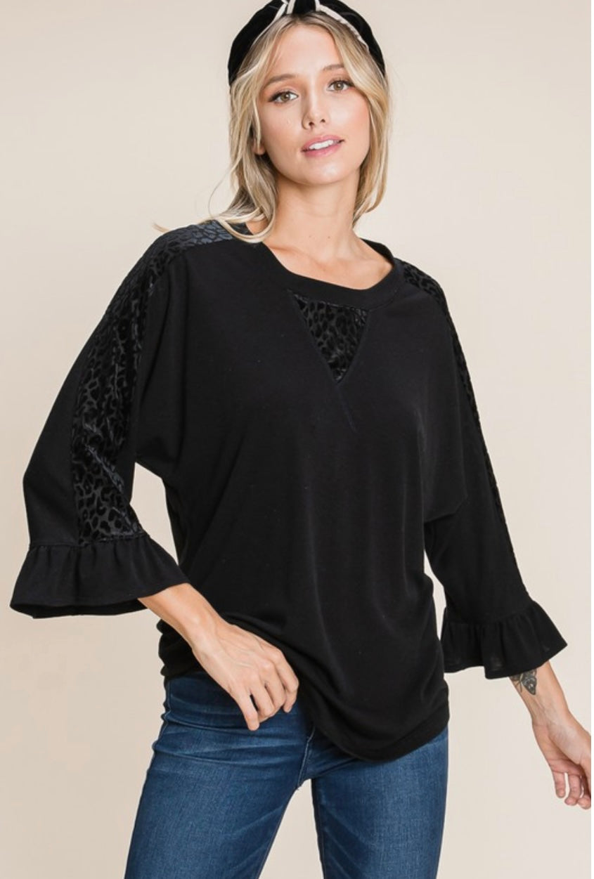 Plus Size Animal Velvet Mesh Contrast Fashion Top