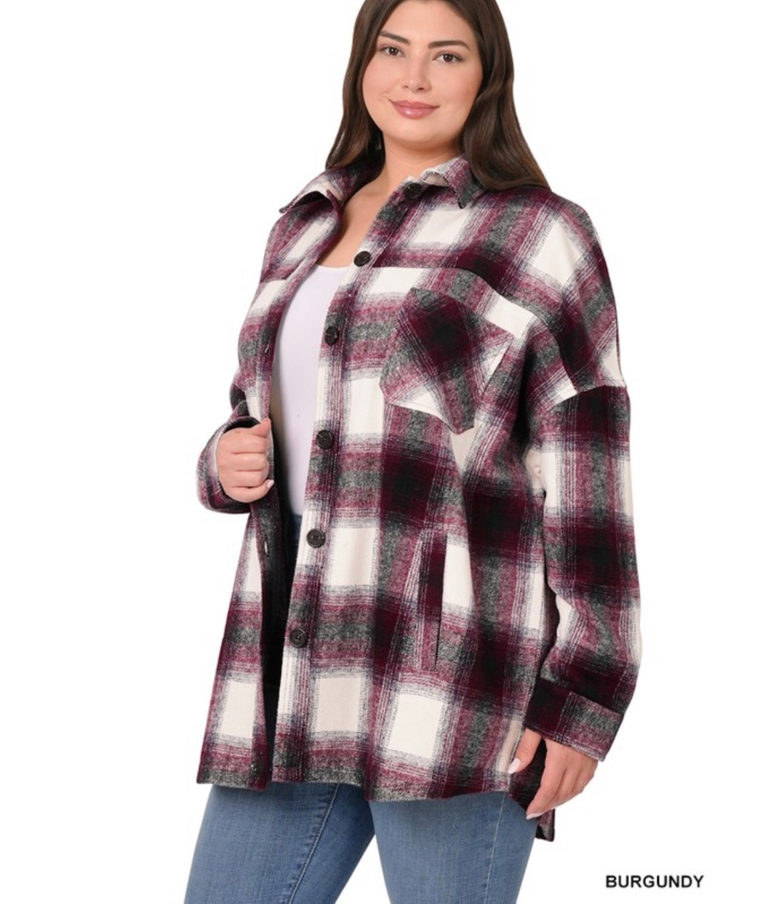 PLUS OVERSIZED YARN DYED PLAID LONGLINE SHACKET