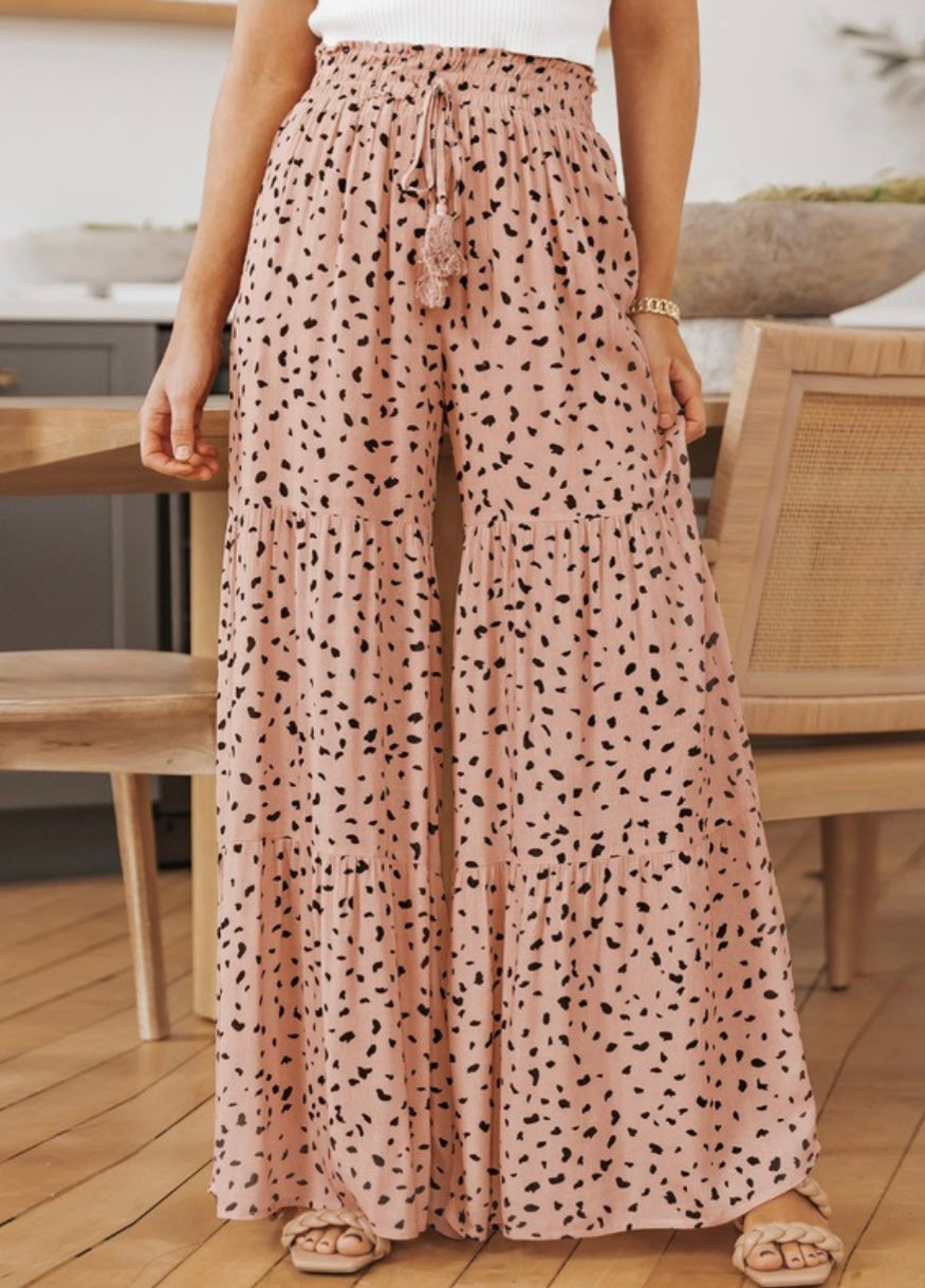 Ruffle Wide Leg Dalmatian Palazzo Pants