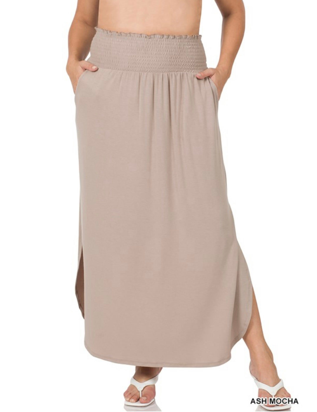 PLUS SMOCKED WAIST SIDE SLIT MAXI SKIRT WITH POCKETS