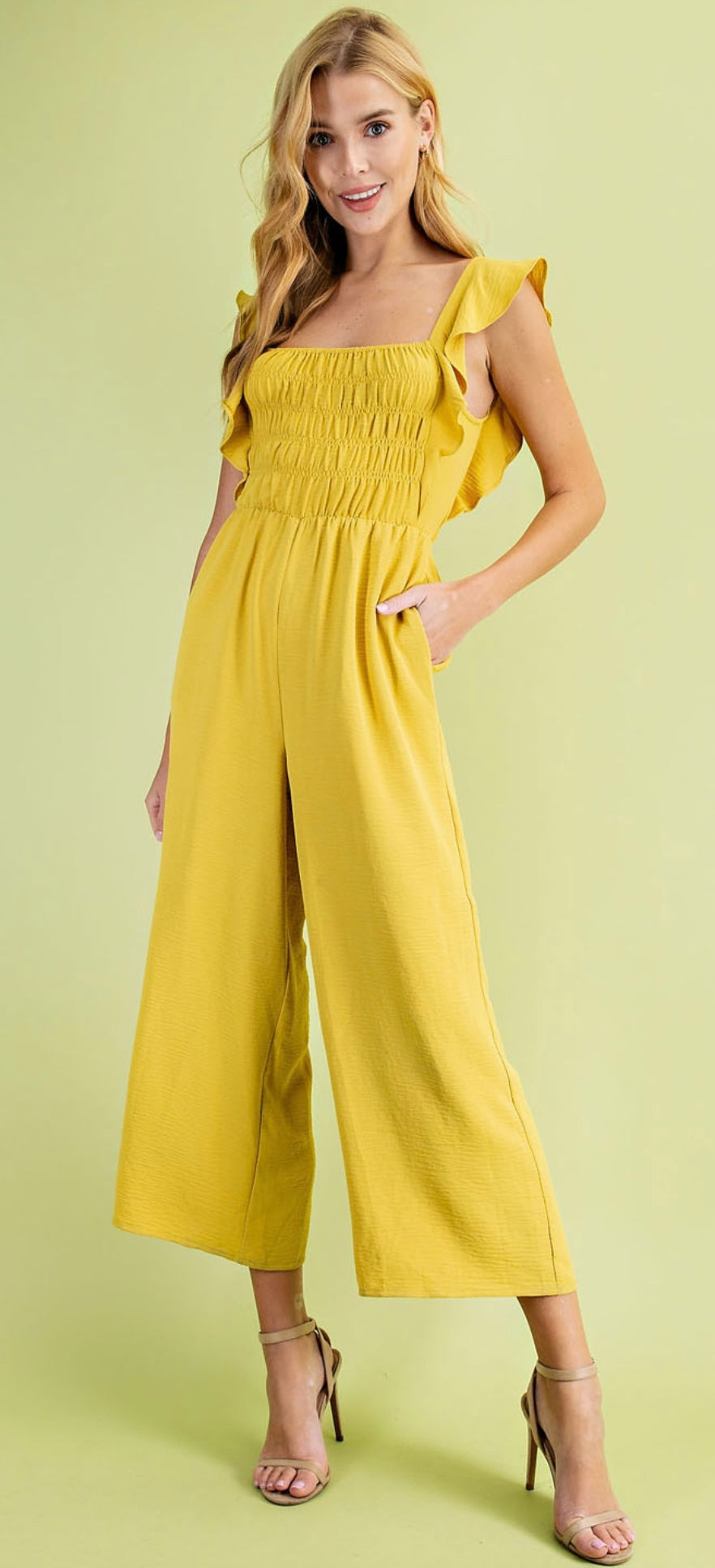 SOLID SMOCKED WIDE LEG CROP JUMPSUIT