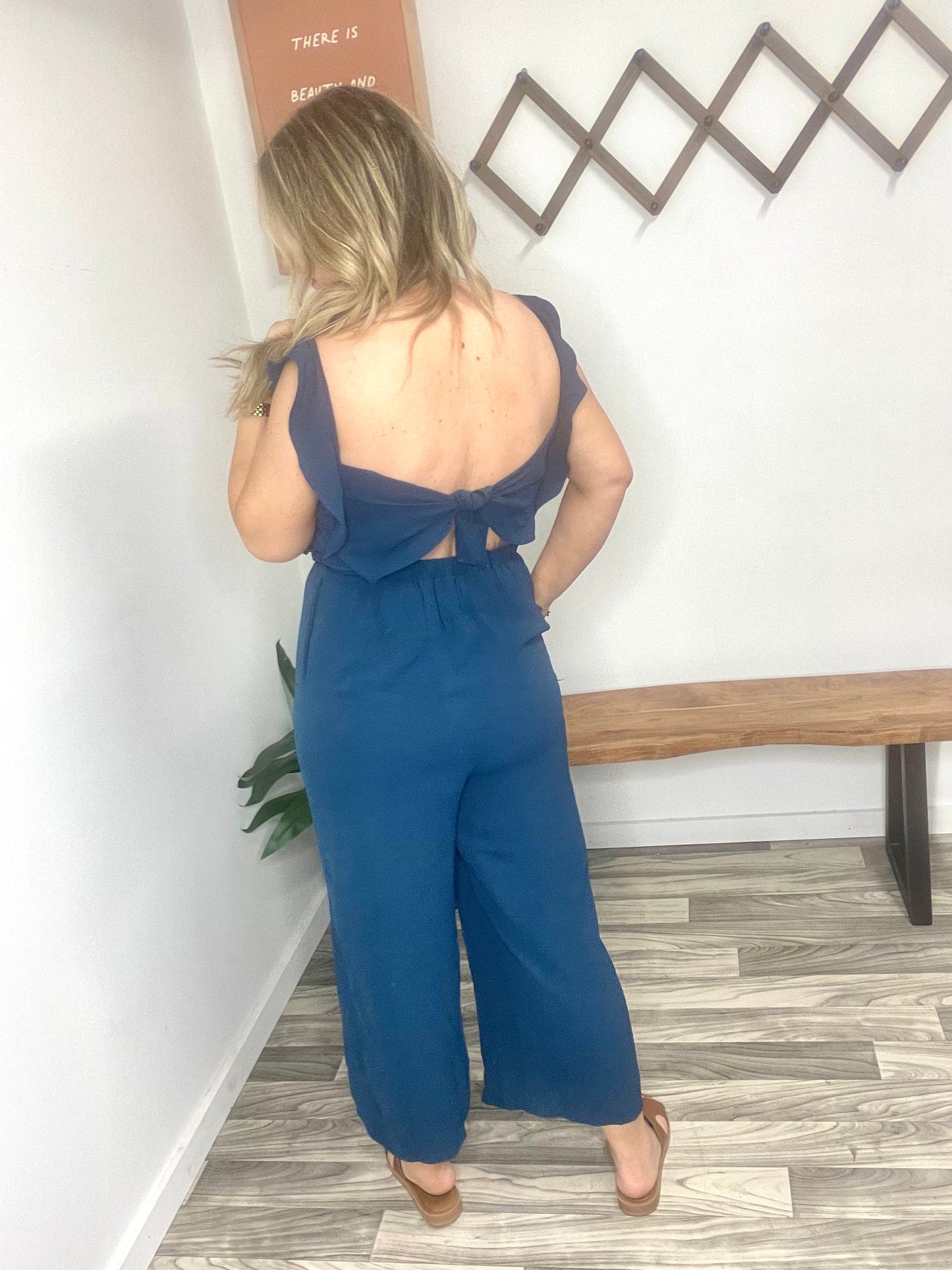 SOLID SMOCKED WIDE LEG CROP JUMPSUIT